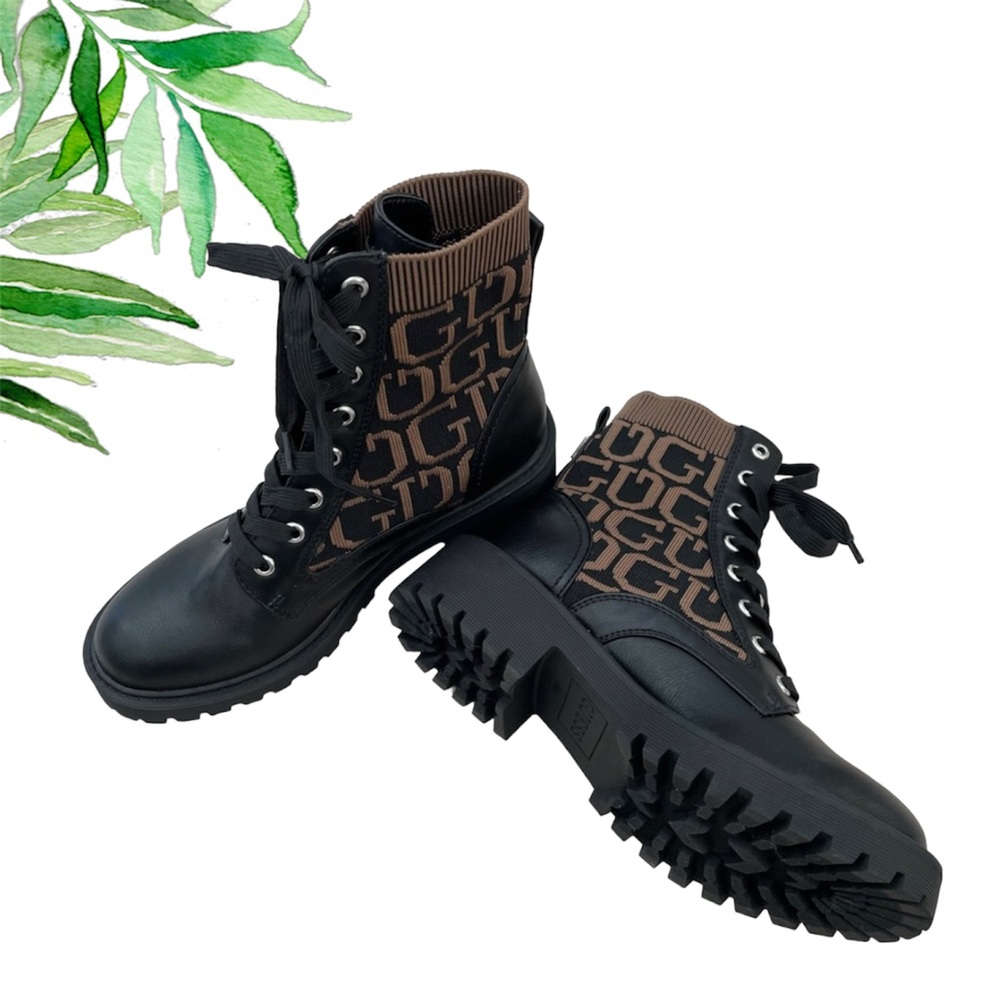 Guess Women's Olinia Logo Knit Combat Lug Sole Boots - 6.5